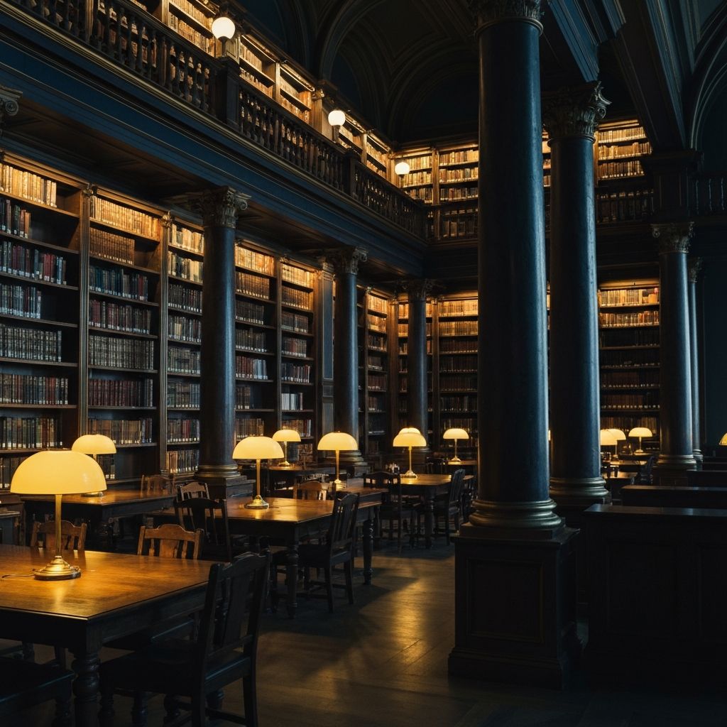 Bibliotheksinterieur mit warmen Leuchten – Symbol für Wissen und Bildung
