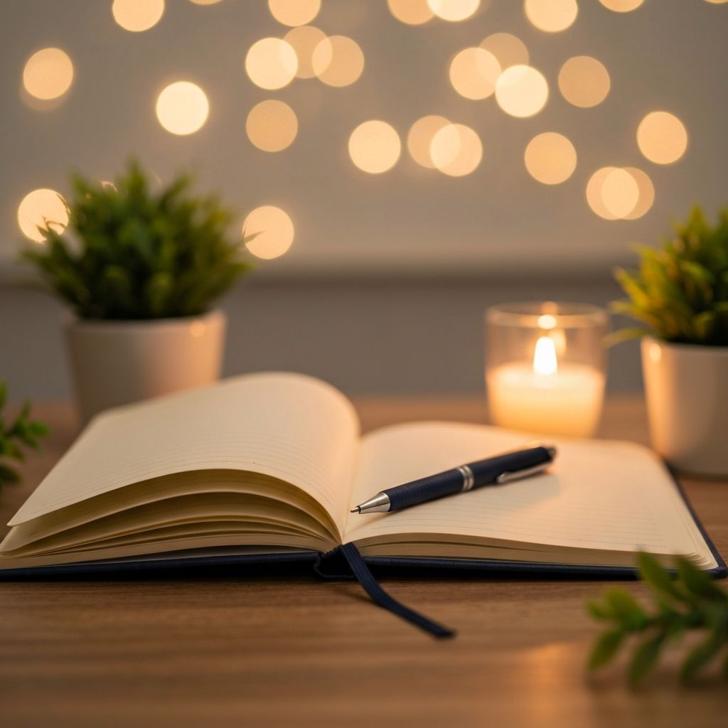 Notizbuch und Pflanze auf Holztisch – Symbol für Achtsamkeit und Reflexion