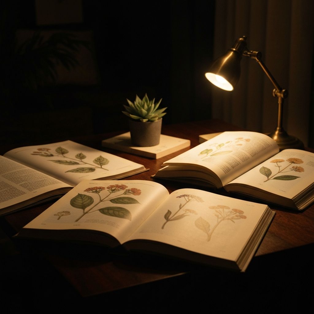 Leseplatz mit Büchern und botanischen Illustrationen im warmen Lampenlicht