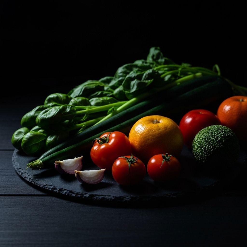 Buntes frisches Gemüse reich an Vitaminen und Mineralien auf dunklem Schieferstein