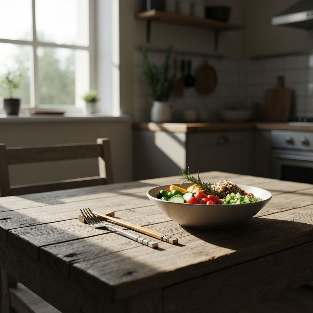 Achtsame Mahlzeit in einer schönen Schale auf einem Holztisch mit einer Pflanze daneben