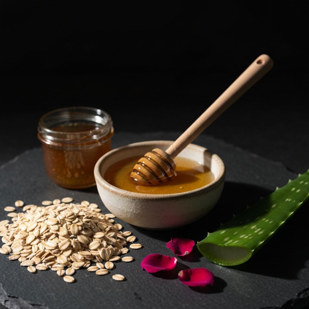 Selbstgemachte natürliche Gesichtsmaske in einer Keramikschale mit natürlichen Zutaten